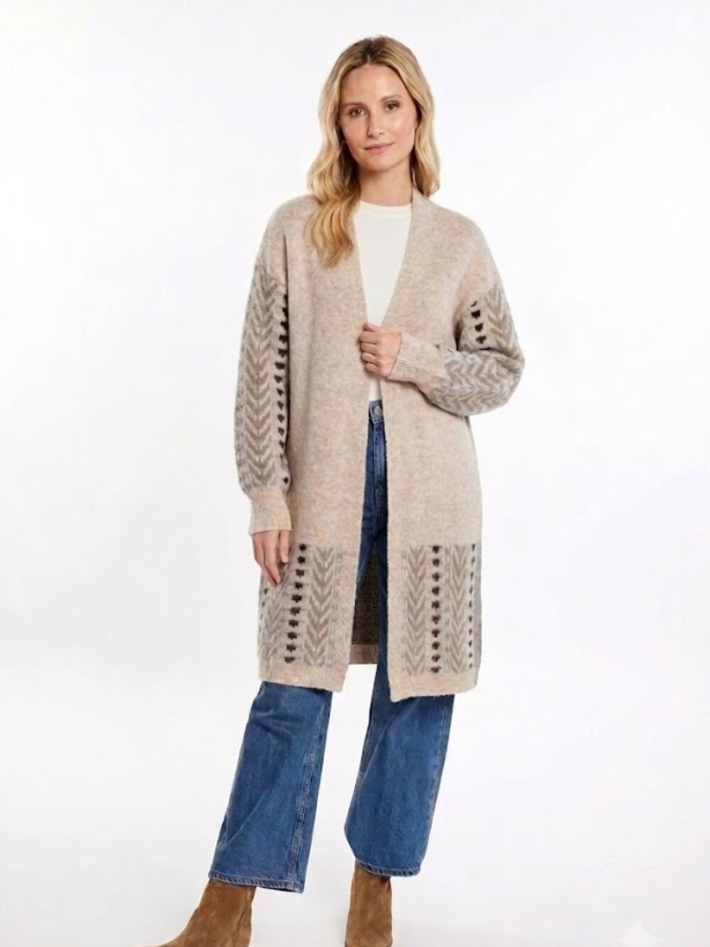 Frye Women's Patterned Cozy Open Front Cardigan Sweater Oatmeal Size M